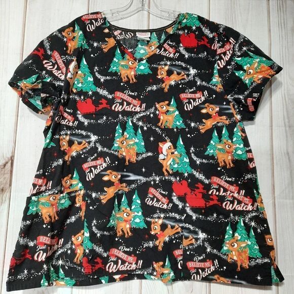 Women's Rudolph The Red-Nosed Reindeer "Believe Me" V-Neck Printed‎ Scrub Top - Picture 1 of 7